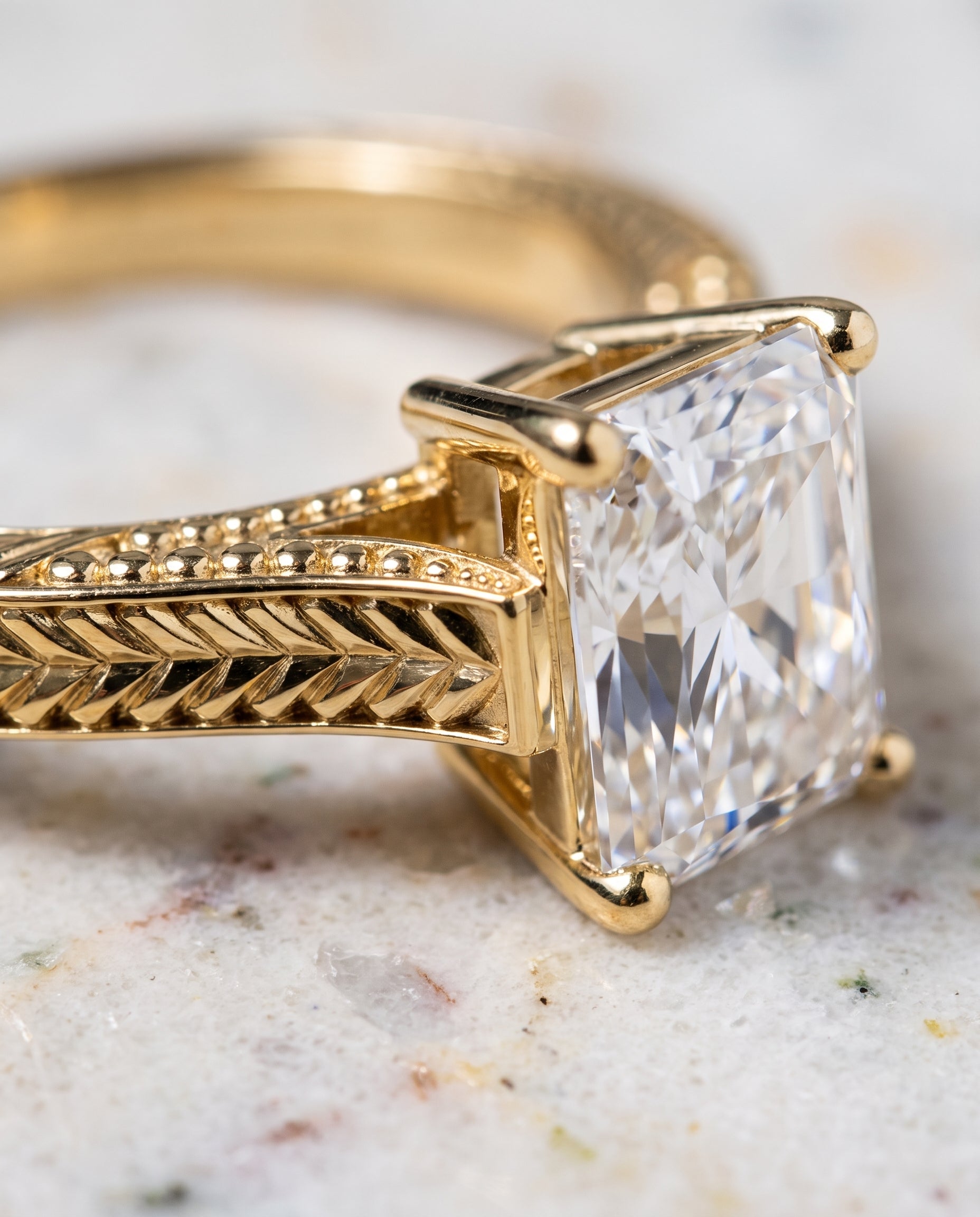 The Aida Hand Engraved Vintage Cathedral Solitaire Radiant Cut Engagement Ring Setting in 18K Yellow Gold