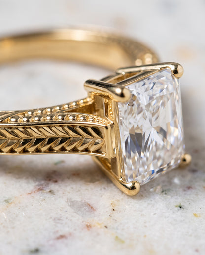 The Aida Hand Engraved Vintage Cathedral Solitaire Radiant Cut Engagement Ring Setting in 18K Yellow Gold