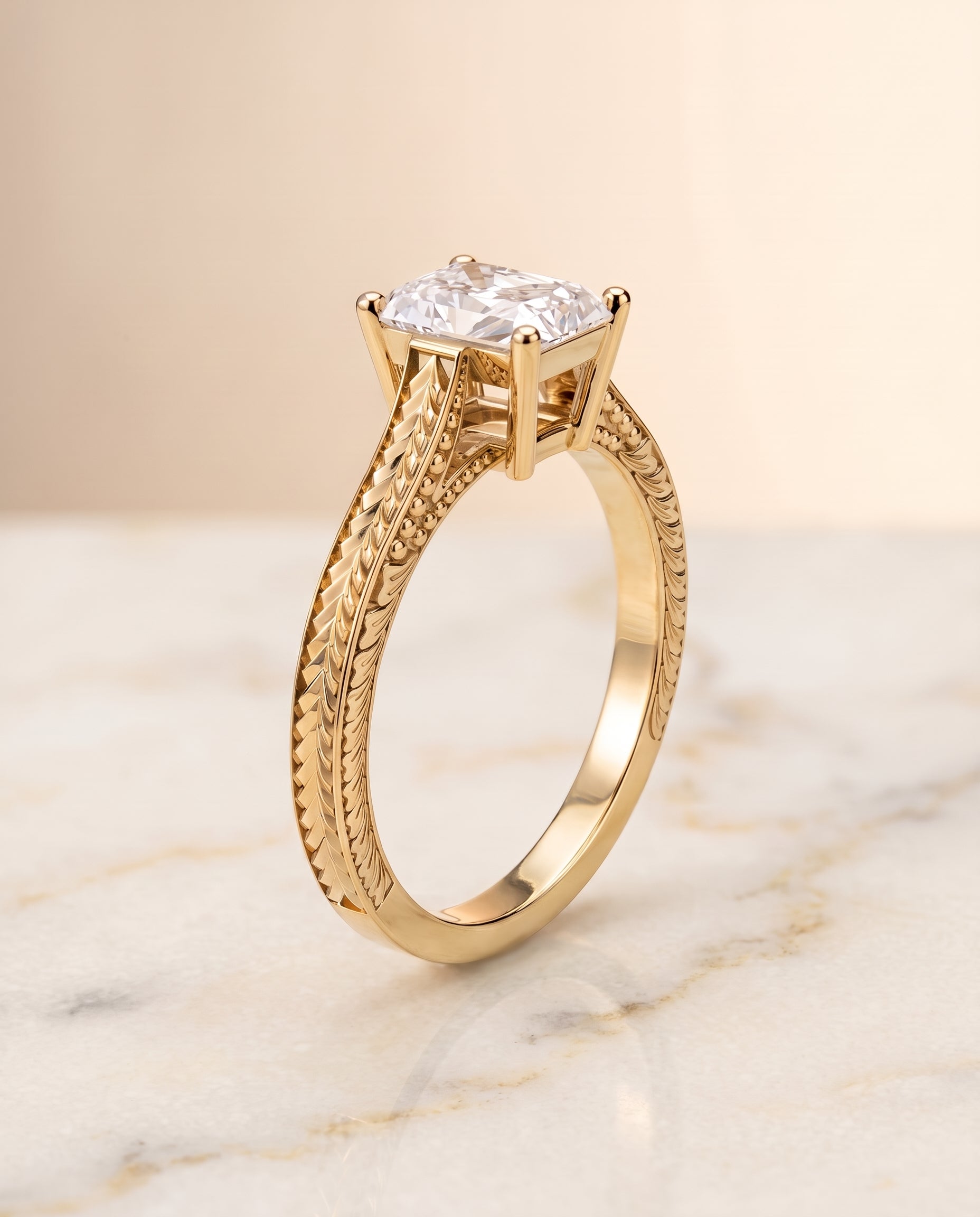 The Aida Hand Engraved Vintage Cathedral Solitaire Radiant Cut Engagement Ring Setting in 18K Yellow Gold