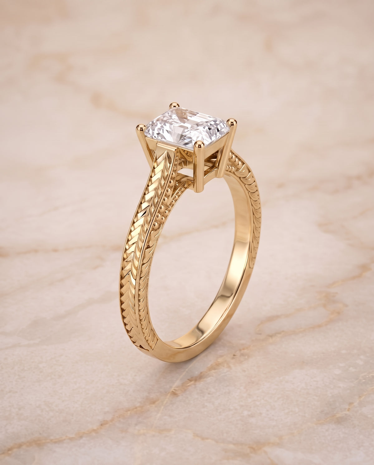 The Aida Hand Engraved Vintage Cathedral Solitaire Radiant Cut Engagement Ring Setting in 18K Yellow Gold