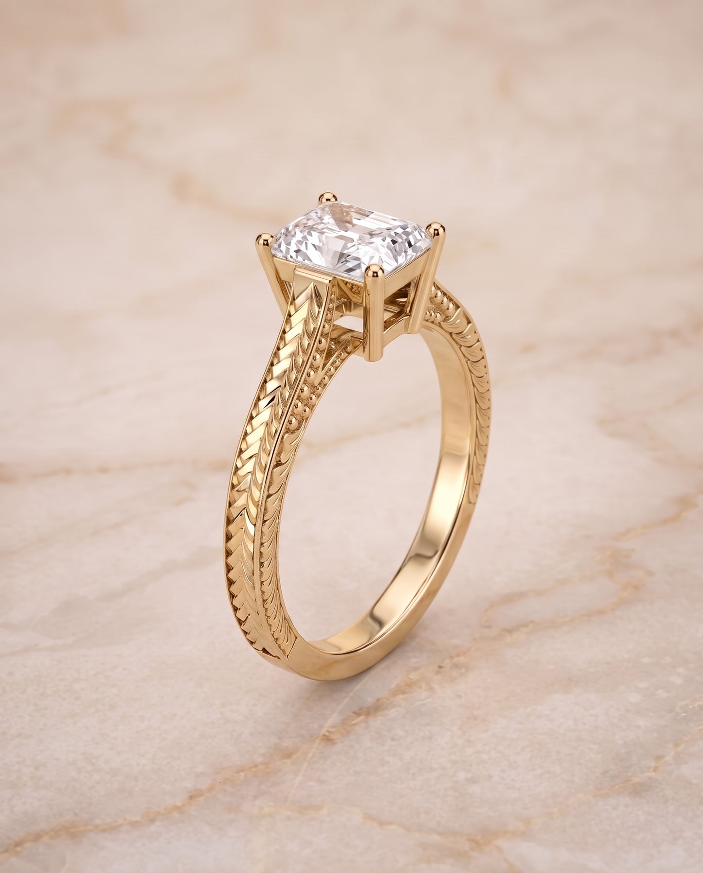 The Aida Hand Engraved Vintage Cathedral Solitaire Radiant Cut Engagement Ring Setting in 18K Yellow Gold