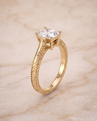The Aida Hand Engraved Vintage Cathedral Solitaire Radiant Cut Engagement Ring Setting in 18K Yellow Gold