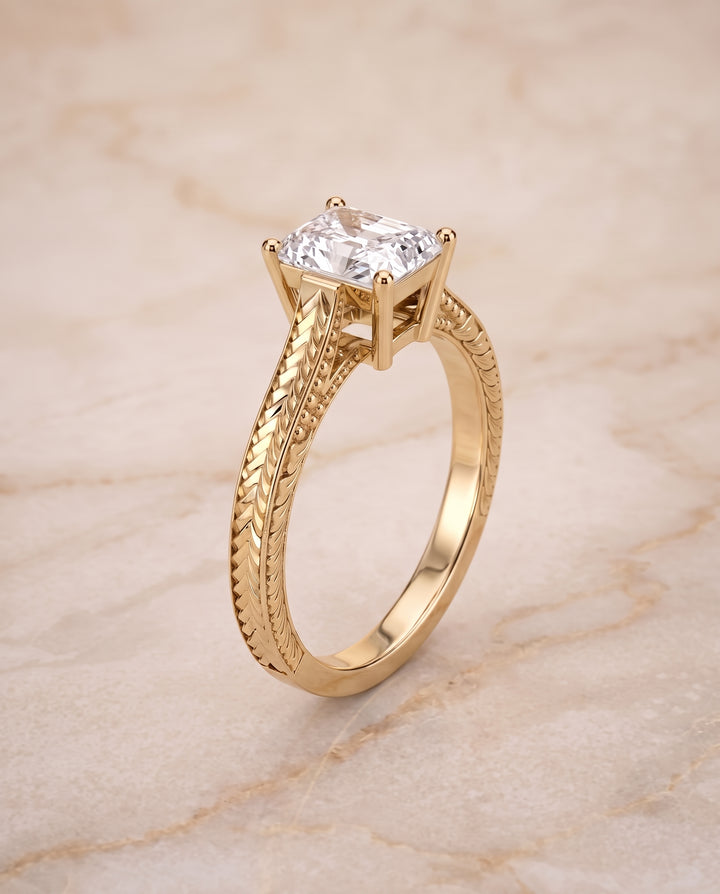 The Aida Hand Engraved Vintage Cathedral Solitaire Radiant Cut Engagement Ring Setting in 18K Yellow Gold