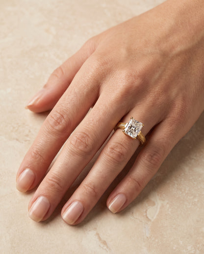 The Aida Hand Engraved Vintage Cathedral Solitaire Radiant Cut Engagement Ring Setting in 18K Yellow Gold