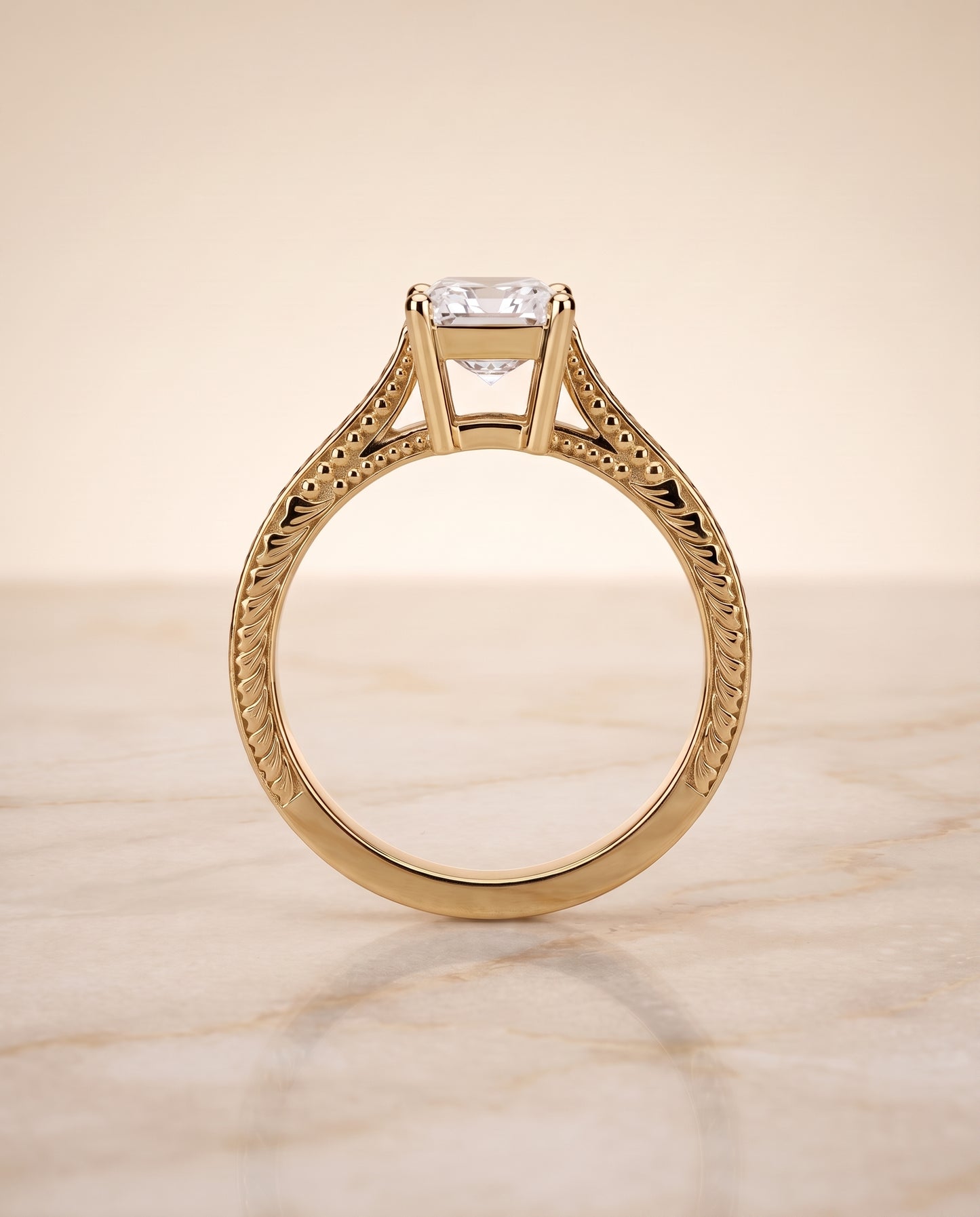 The Aida Hand Engraved Vintage Cathedral Solitaire Radiant Cut Engagement Ring Setting in 18K Yellow Gold