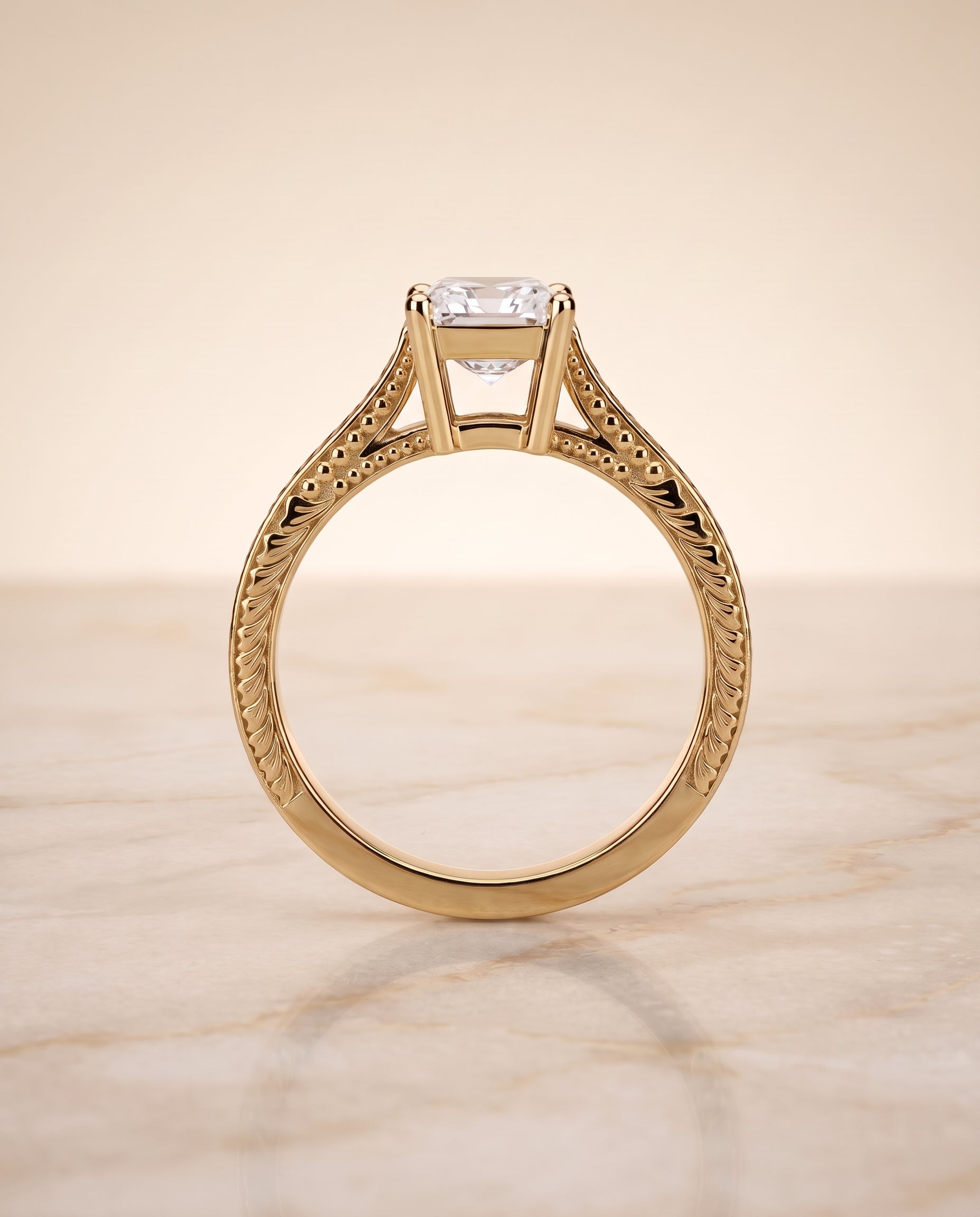 The Aida Hand Engraved Vintage Cathedral Solitaire Radiant Cut Engagement Ring Setting in 18K Yellow Gold
