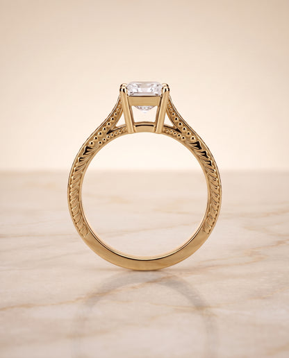 The Aida Hand Engraved Vintage Cathedral Solitaire Radiant Cut Engagement Ring Setting in 18K Yellow Gold