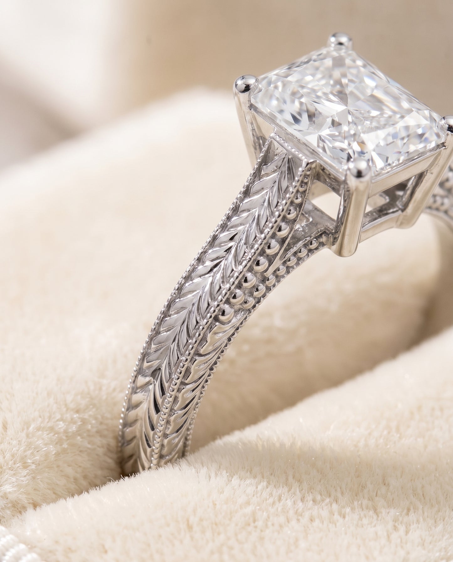 The Aida Hand Engraved Vintage Cathedral Solitaire Radiant Cut Engagement Ring Setting in 18K White Gold