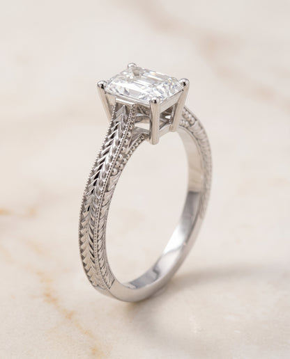 The Aida Hand Engraved Vintage Cathedral Solitaire Radiant Cut Engagement Ring Setting in 18K White Gold
