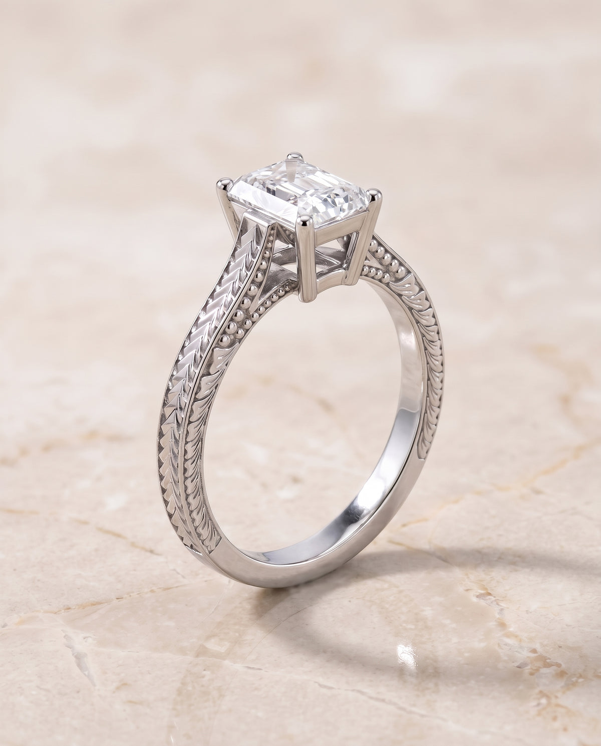 The Aida Hand Engraved Vintage Cathedral Solitaire Radiant Cut Engagement Ring Setting in 18K White Gold