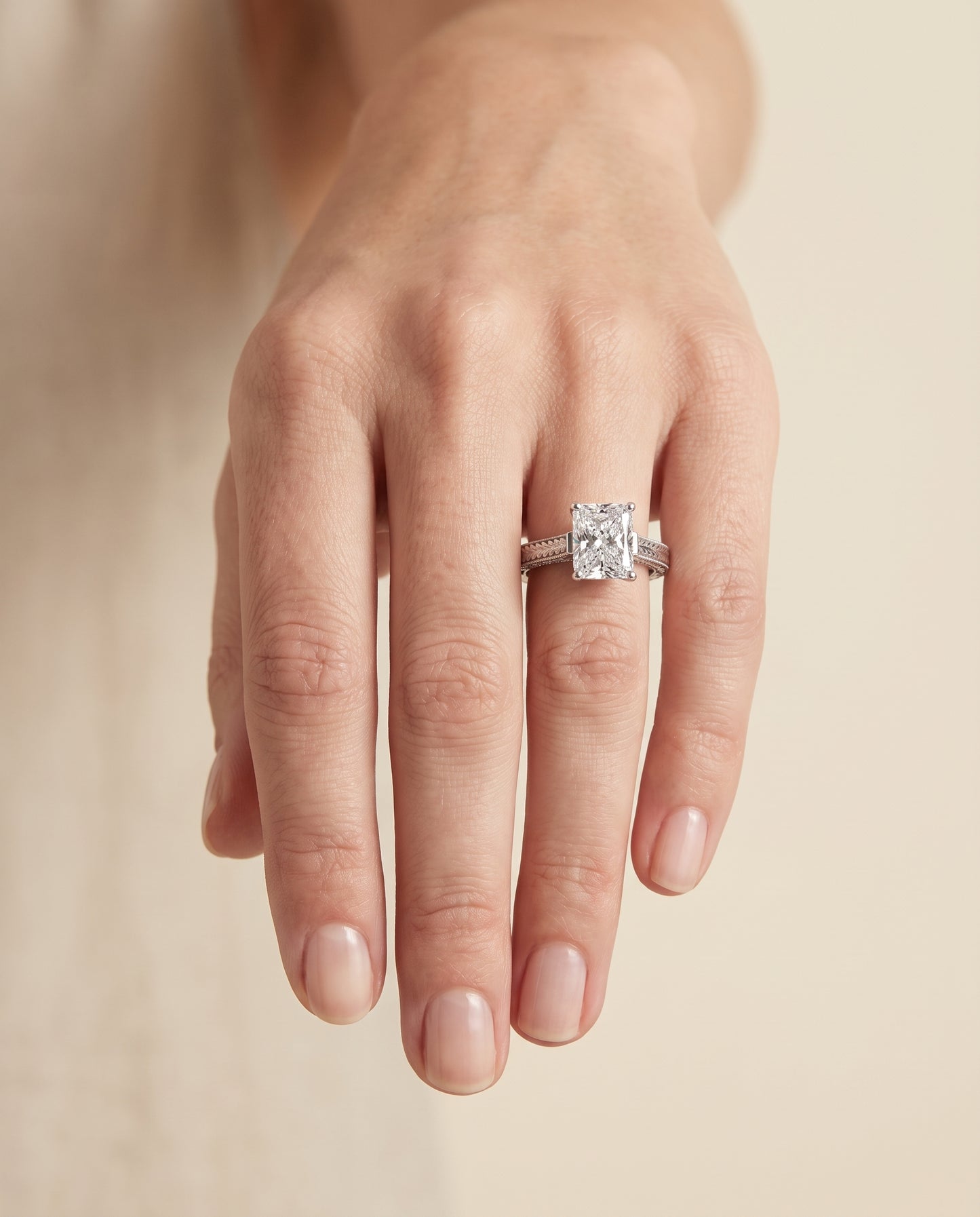 The Aida Hand Engraved Vintage Cathedral Solitaire Radiant Cut Engagement Ring Setting in 18K White Gold