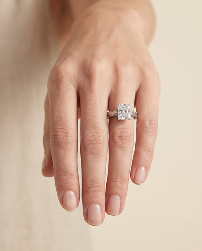 The Aida Hand Engraved Vintage Cathedral Solitaire Radiant Cut Engagement Ring Setting in 18K White Gold