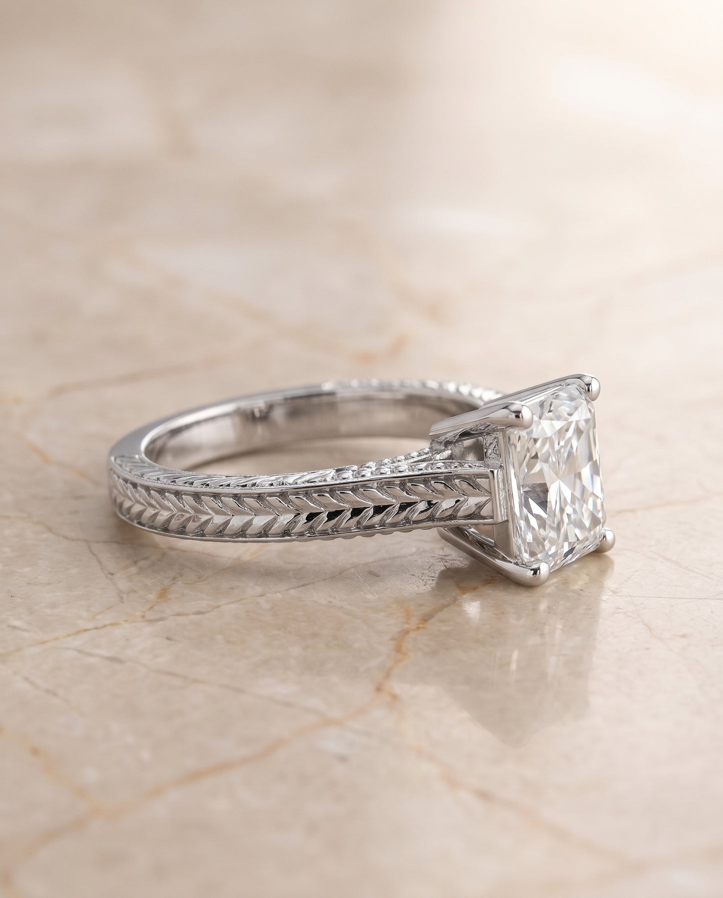 The Aida Hand Engraved Vintage Cathedral Solitaire Radiant Cut Engagement Ring Setting in 18K White Gold