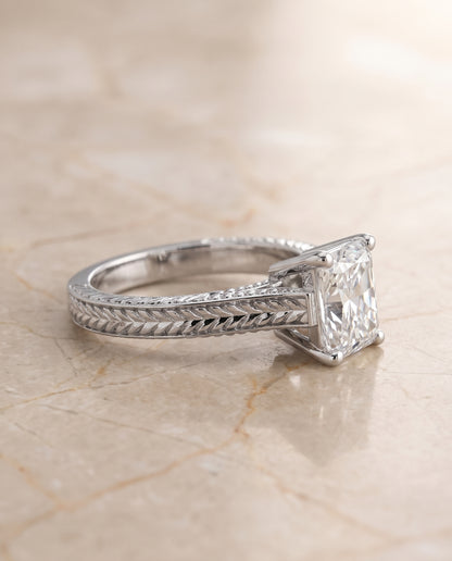 The Aida Hand Engraved Vintage Cathedral Solitaire Radiant Cut Engagement Ring Setting in 18K White Gold