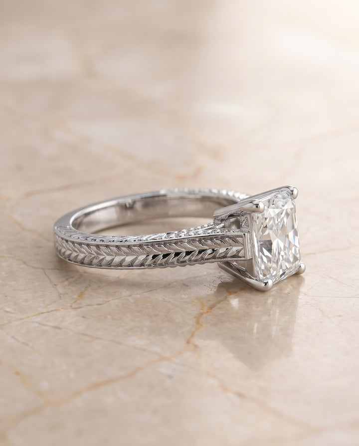 The Aida Hand Engraved Vintage Cathedral Solitaire Radiant Cut Engagement Ring Setting in Platinum