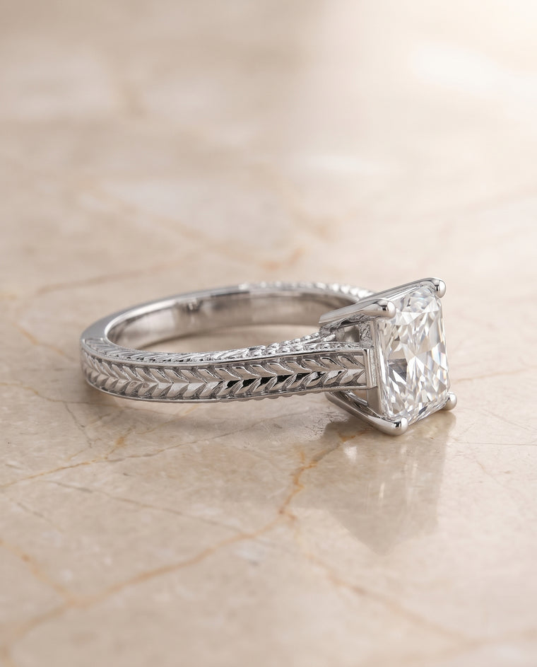 The Aida Hand Engraved Vintage Cathedral Solitaire Radiant Cut Engagement Ring Setting in Platinum