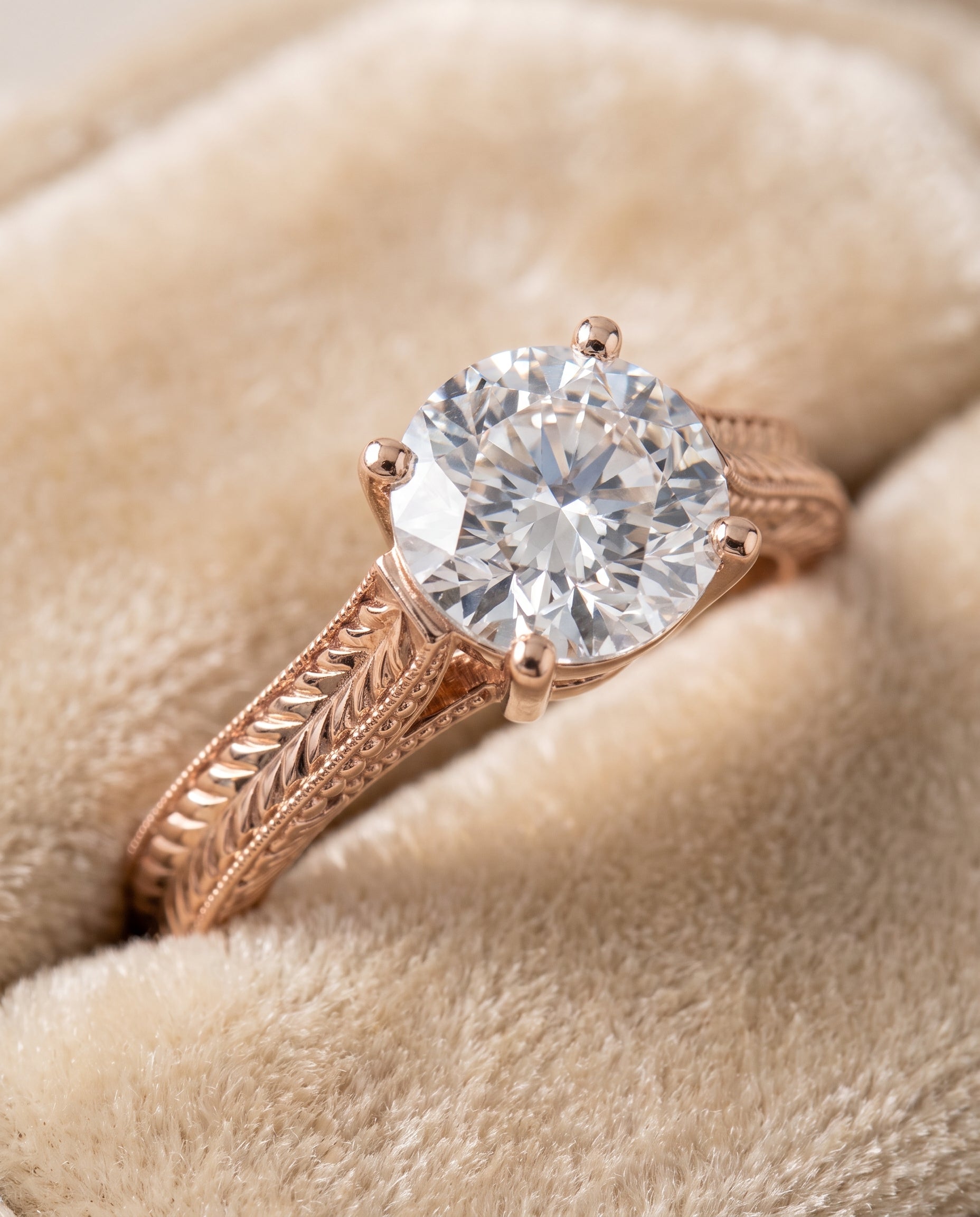 The Aida Hand Engraved Vintage Cathedral Solitaire Round Engagement Ring Setting in 14K Rose Gold