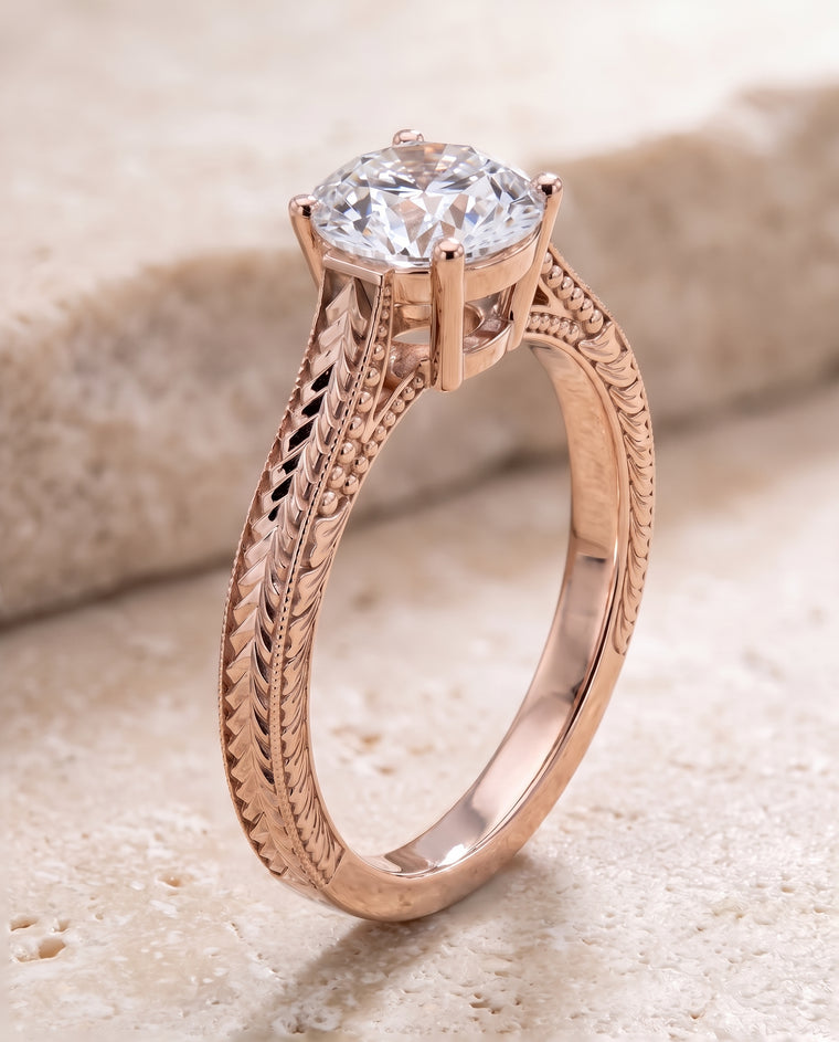 The Aida Hand Engraved Vintage Cathedral Solitaire Round Engagement Ring Setting in 14K Rose Gold
