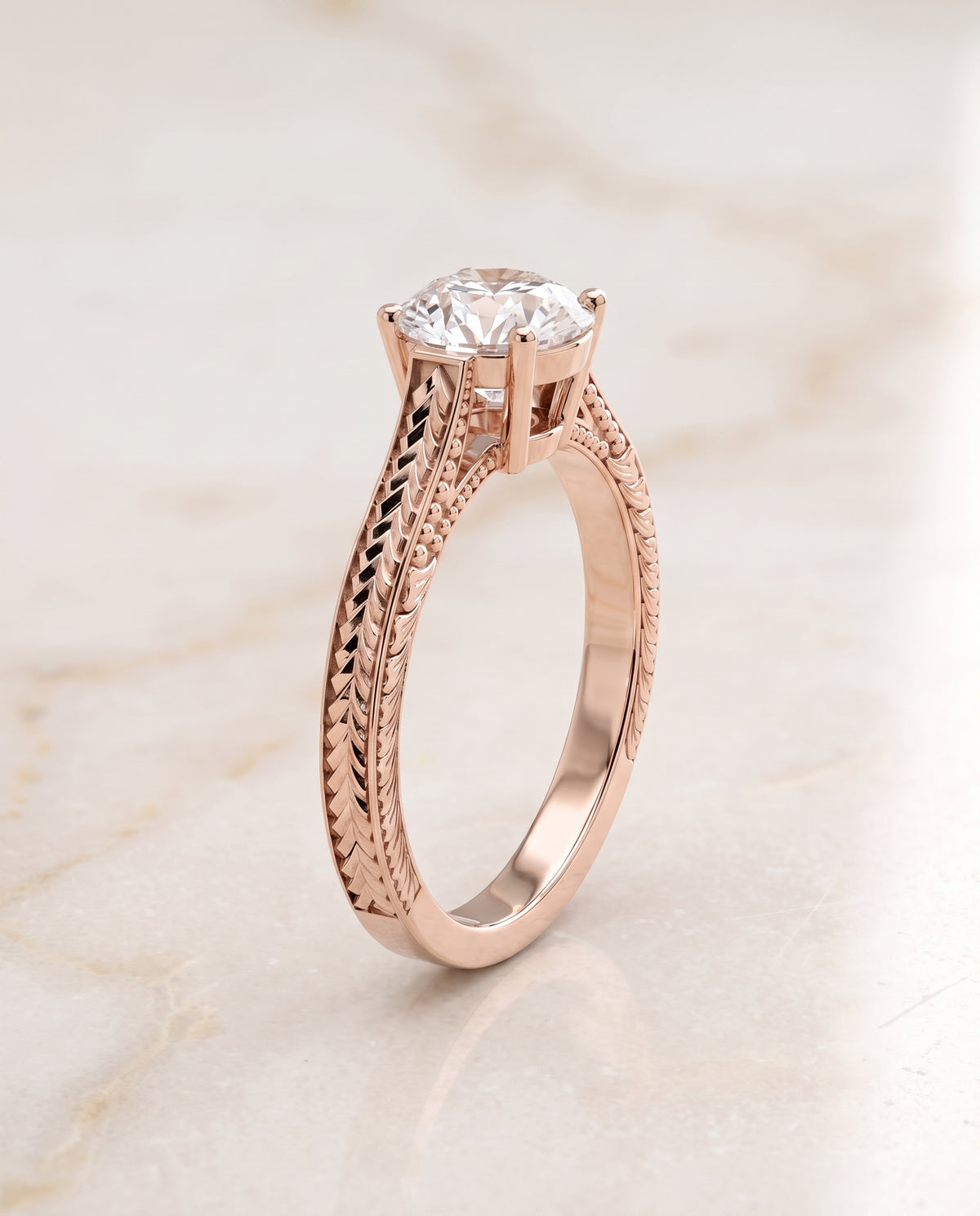 The Aida Hand Engraved Vintage Cathedral Solitaire Round Engagement Ring Setting in 14K Rose Gold