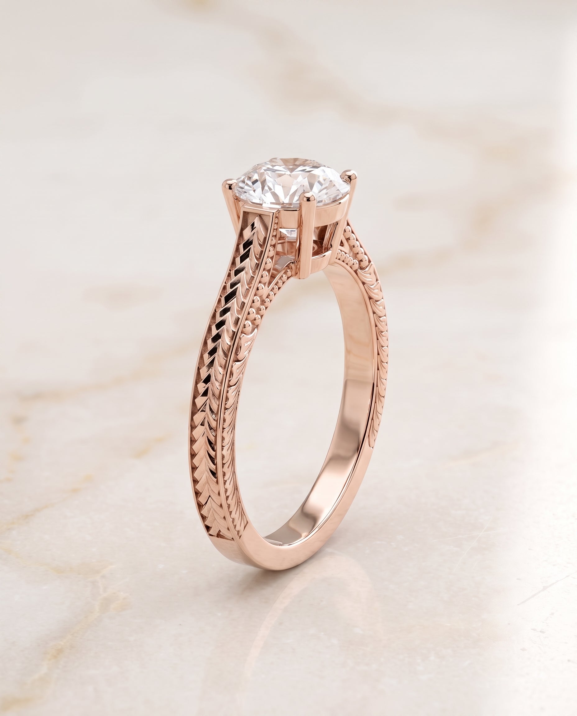 The Aida Hand Engraved Vintage Cathedral Solitaire Round Engagement Ring Setting in 14K Rose Gold