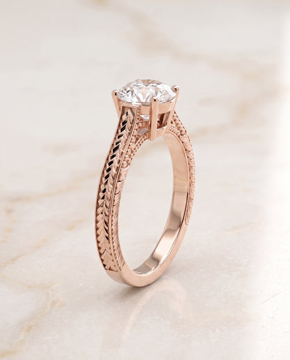 The Aida Hand Engraved Vintage Cathedral Solitaire Round Engagement Ring Setting in 14K Rose Gold