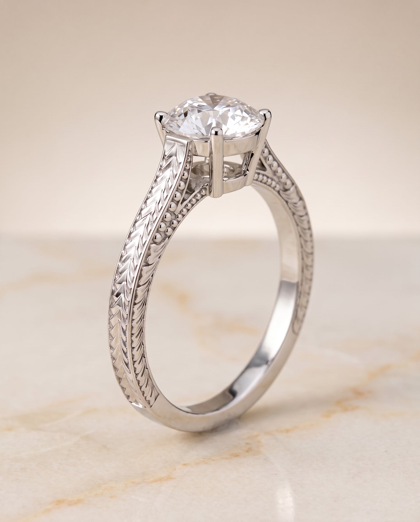 The Aida Hand Engraved Vintage Cathedral Solitaire Round Engagement Ring Setting in 18K White Gold