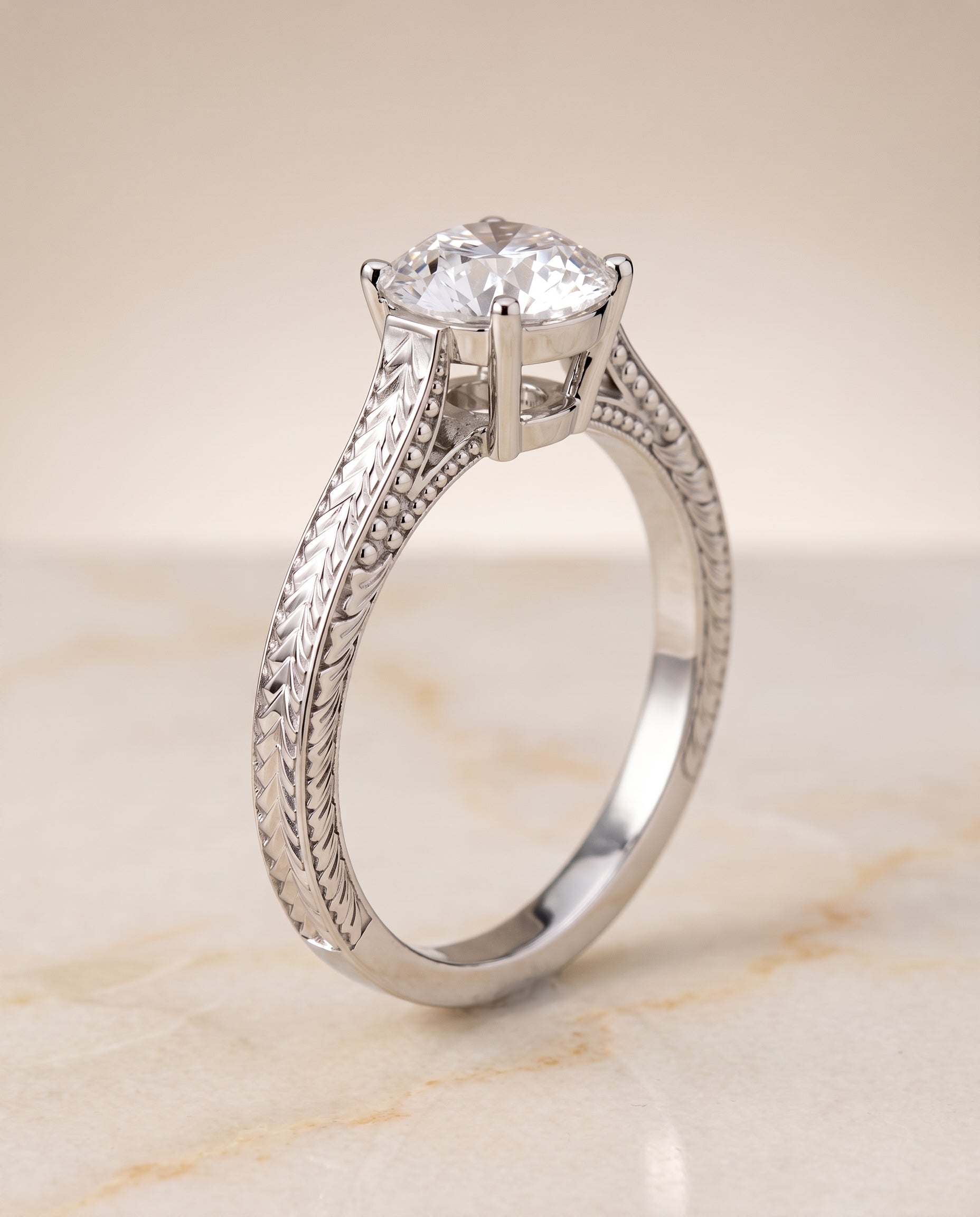 Hand Engraved Vintage Cathedral Solitaire styling on The Aida round engagement ring setting | RockHer