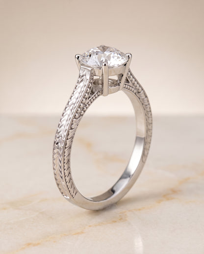 The Aida Hand Engraved Vintage Cathedral Solitaire Round Engagement Ring Setting in 18K White Gold