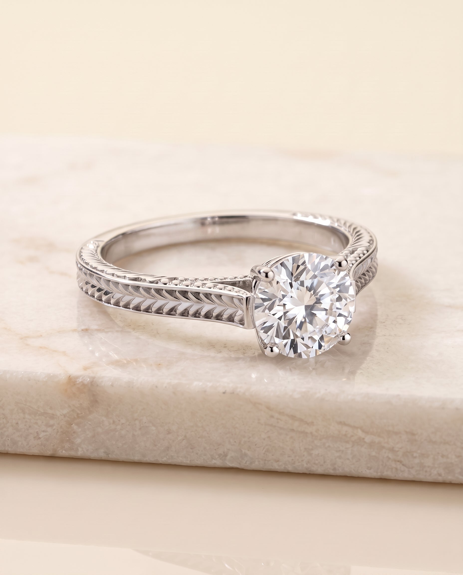 The Aida Hand Engraved Vintage Cathedral Solitaire Round Engagement Ring Setting in 18K White Gold