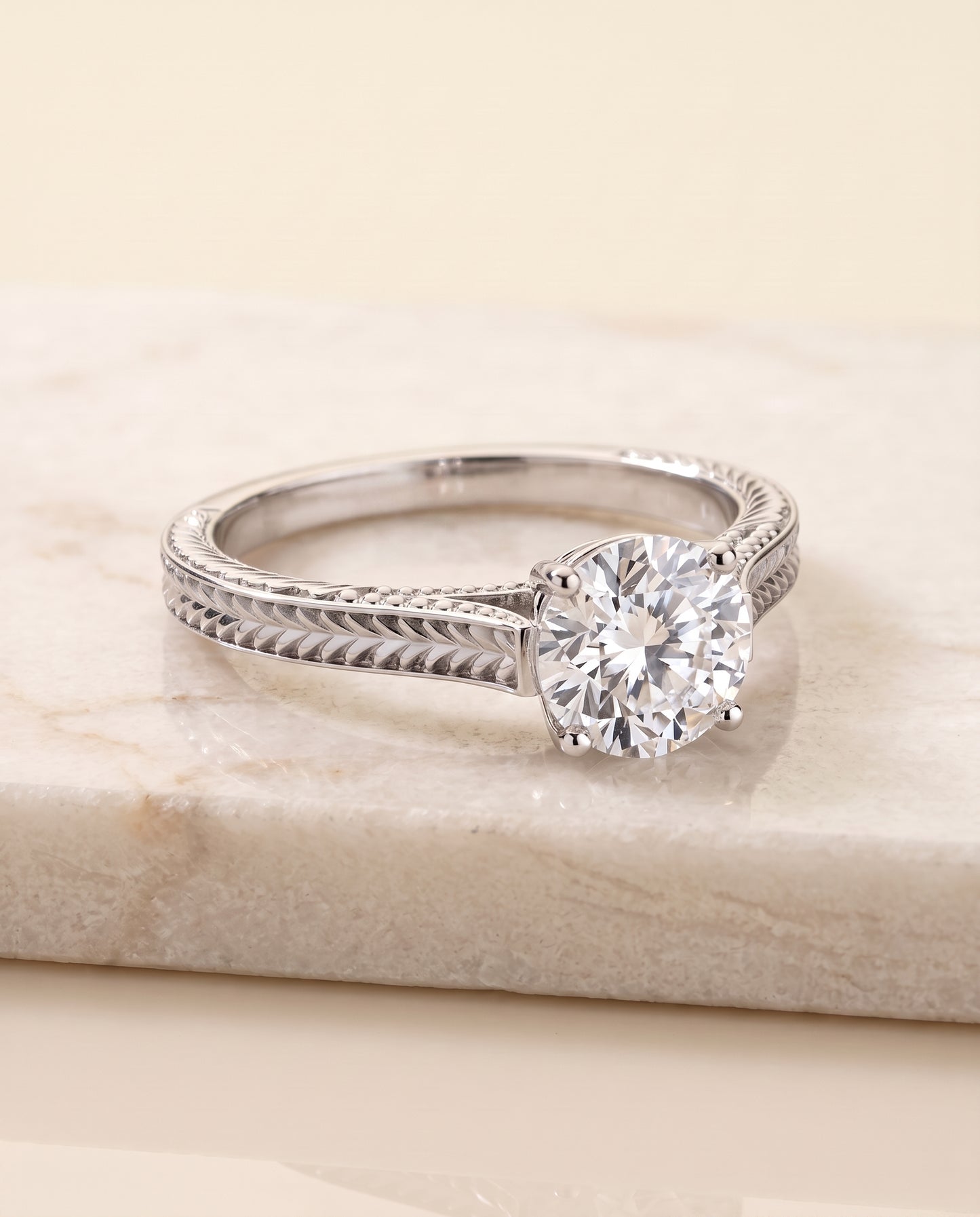 The Aida Hand Engraved Vintage Cathedral Solitaire Round Engagement Ring Setting in 18K White Gold