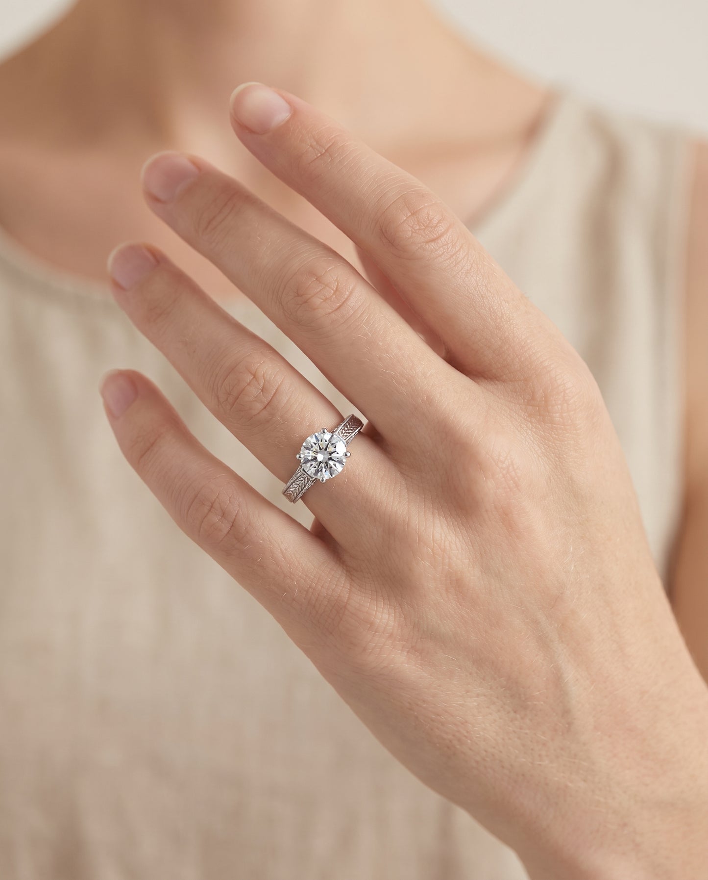 The Aida Hand Engraved Vintage Cathedral Solitaire Round Engagement Ring Setting in 18K White Gold