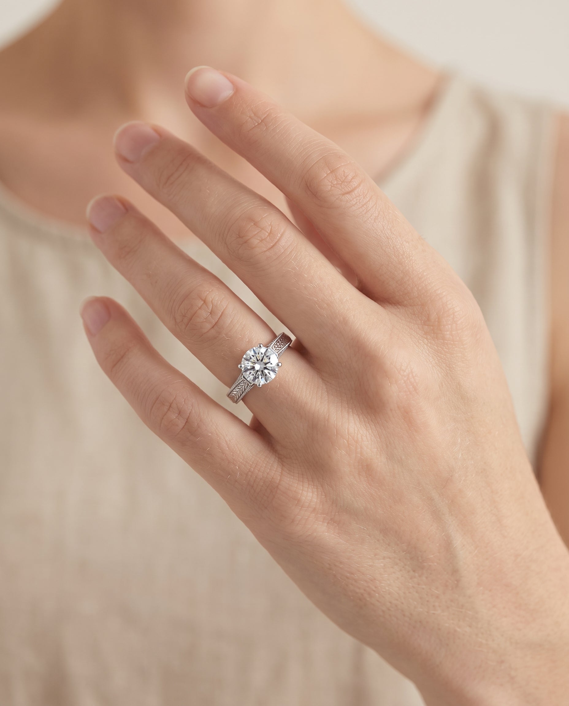 The Aida engagement ring setting in Platinum, hand engraved vintage cathedral solitaire design | RockHer