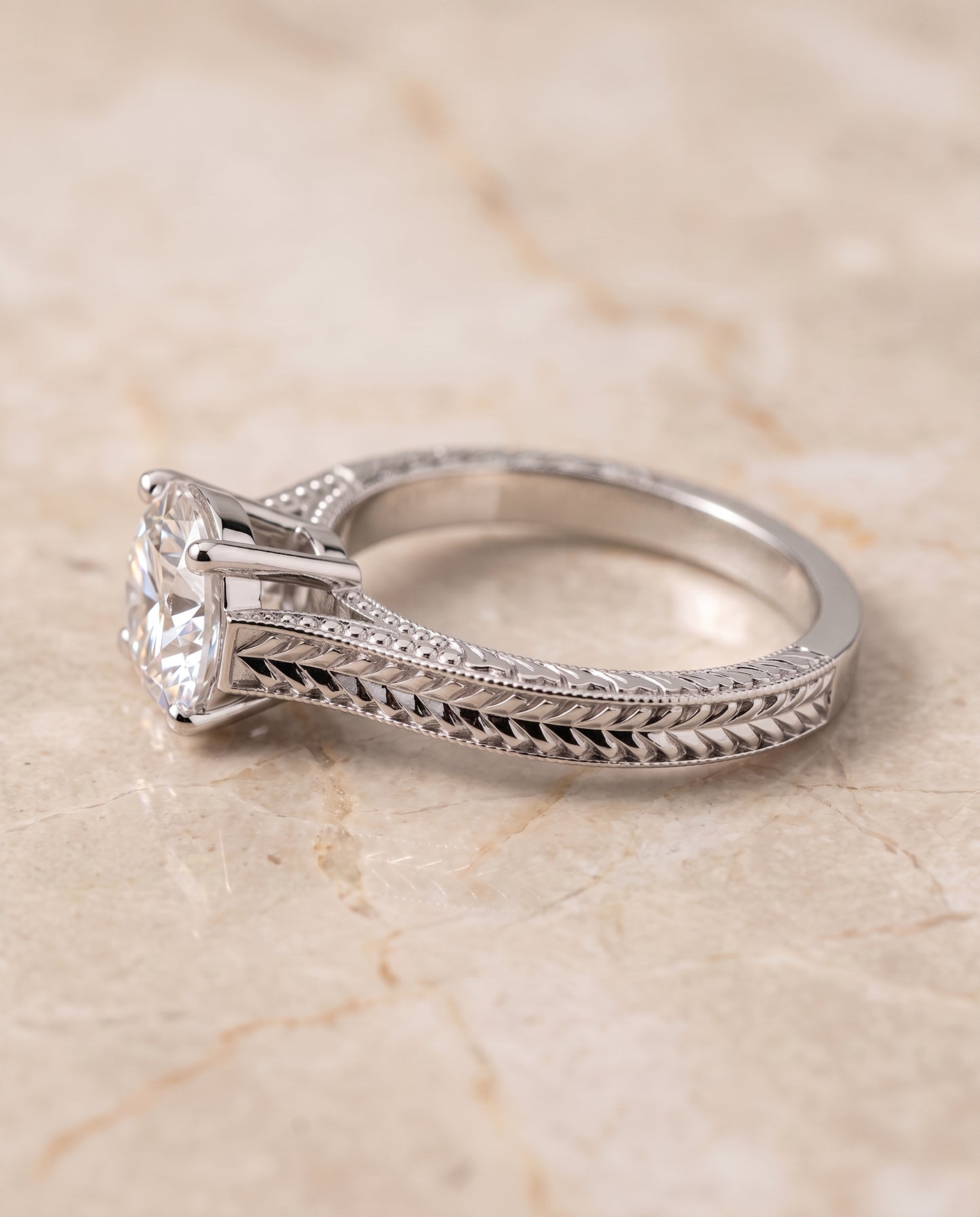 The Aida Hand Engraved Vintage Cathedral Solitaire Round Engagement Ring Setting in 18K White Gold