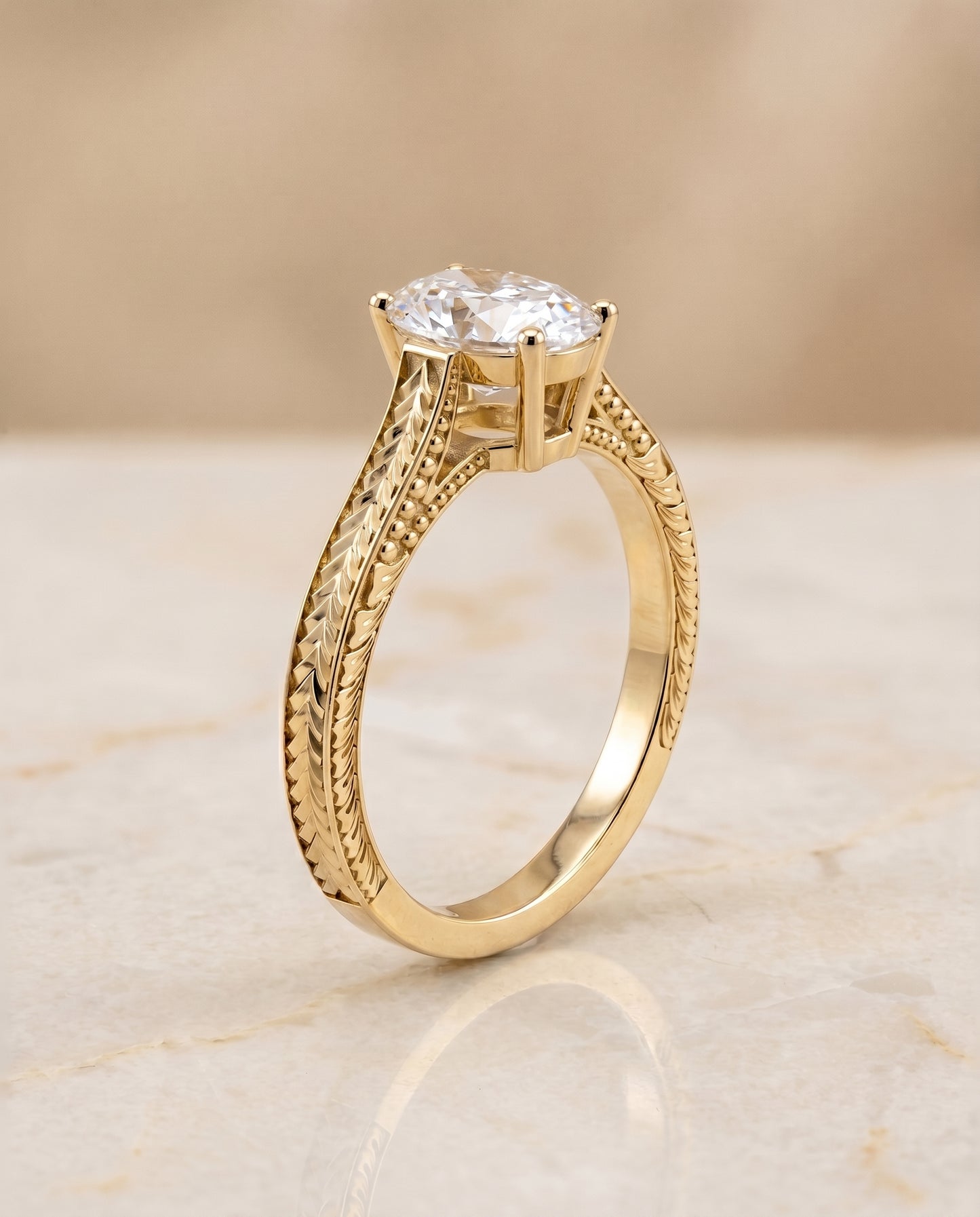 The Aida Vintage Solitaire Engagement Ring Setting for Oval Diamonds in 18K Yellow Gold
