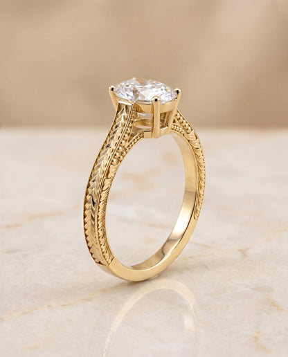 The Aida Hand Engraved Vintage Cathedral Solitaire Oval Engagement Ring Setting in 18K Yellow Gold