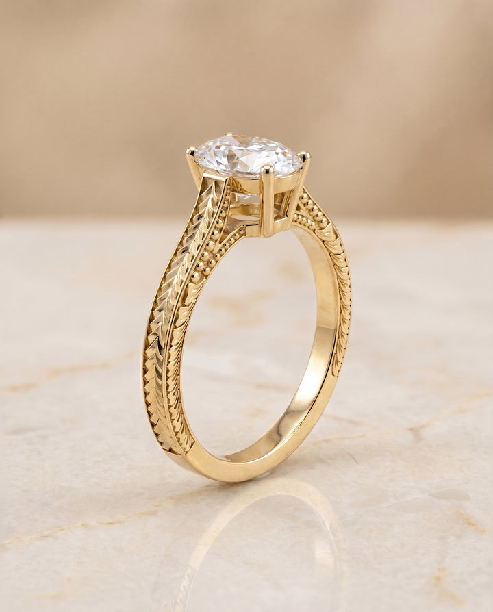 The Aida Vintage Solitaire Engagement Ring Setting for Oval Diamonds in 18K Yellow Gold
