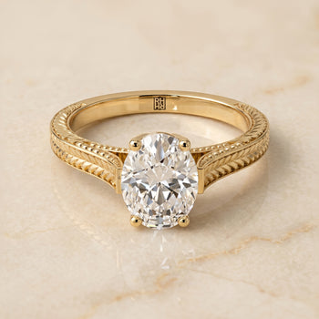 The Aida Hand Engraved Vintage Cathedral Solitaire Oval Engagement Ring Setting in 18K Yellow Gold