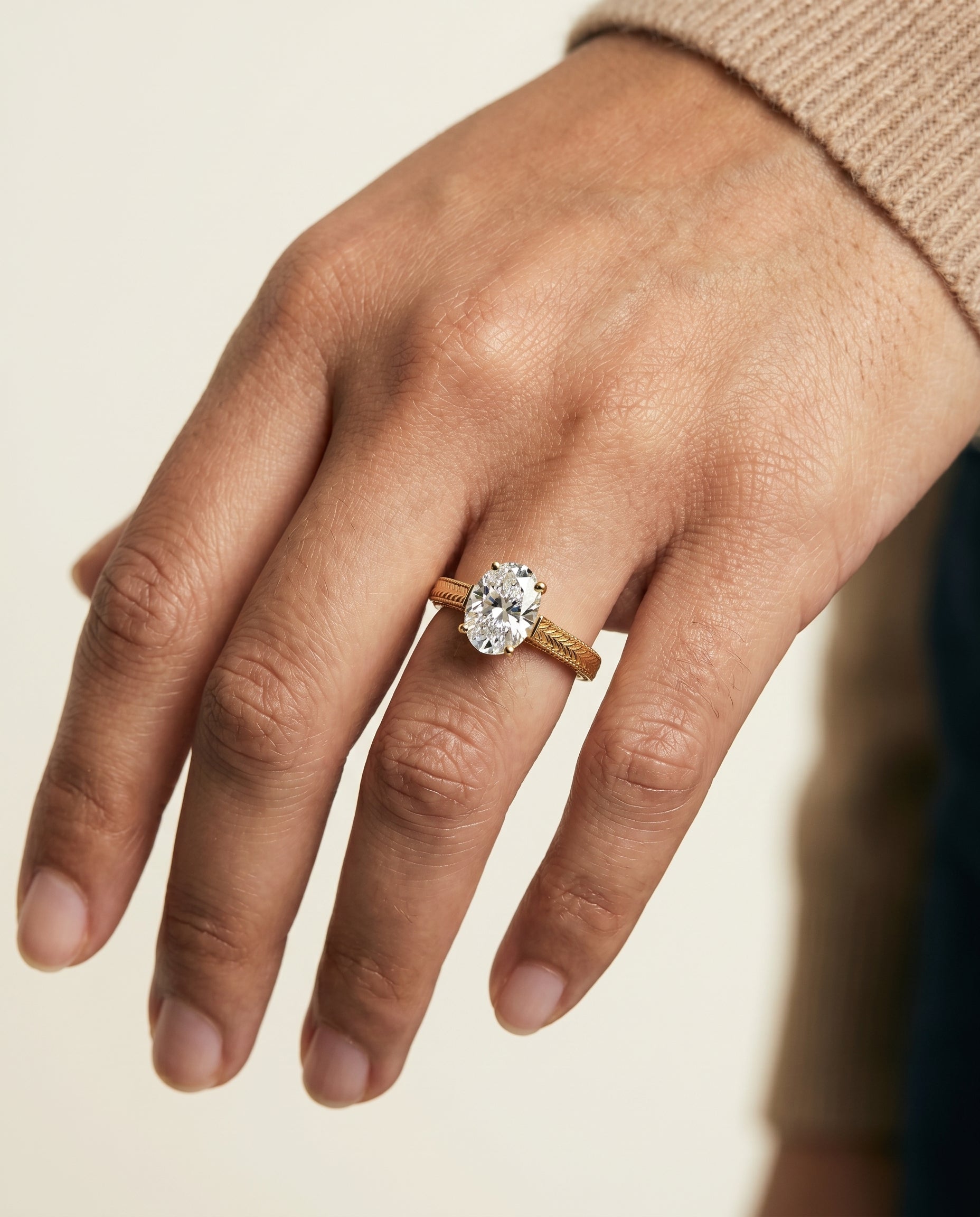 The Aida engagement ring setting in 18K Yellow Gold, hand engraved vintage cathedral solitaire design | RockHer