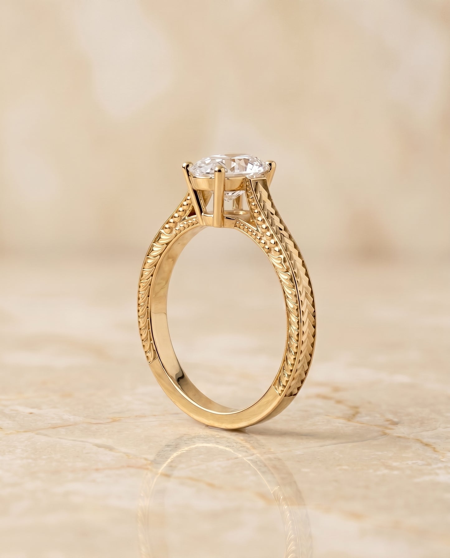 The Aida Vintage Solitaire Engagement Ring Setting for Oval Diamonds in 18K Yellow Gold