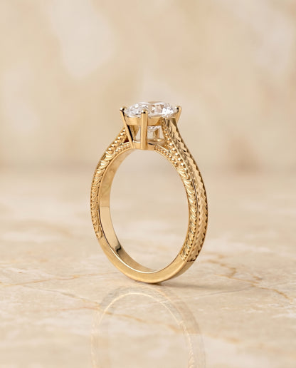 The Aida Hand Engraved Vintage Cathedral Solitaire Oval Engagement Ring Setting in 18K Yellow Gold