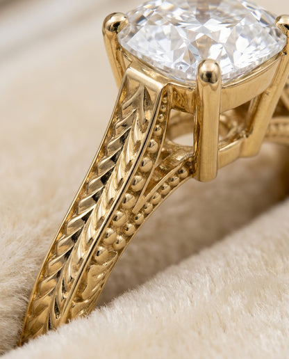 The Aida Hand Engraved Vintage Cathedral Solitaire Cushion Cut Engagement Ring Setting in 18K Yellow Gold