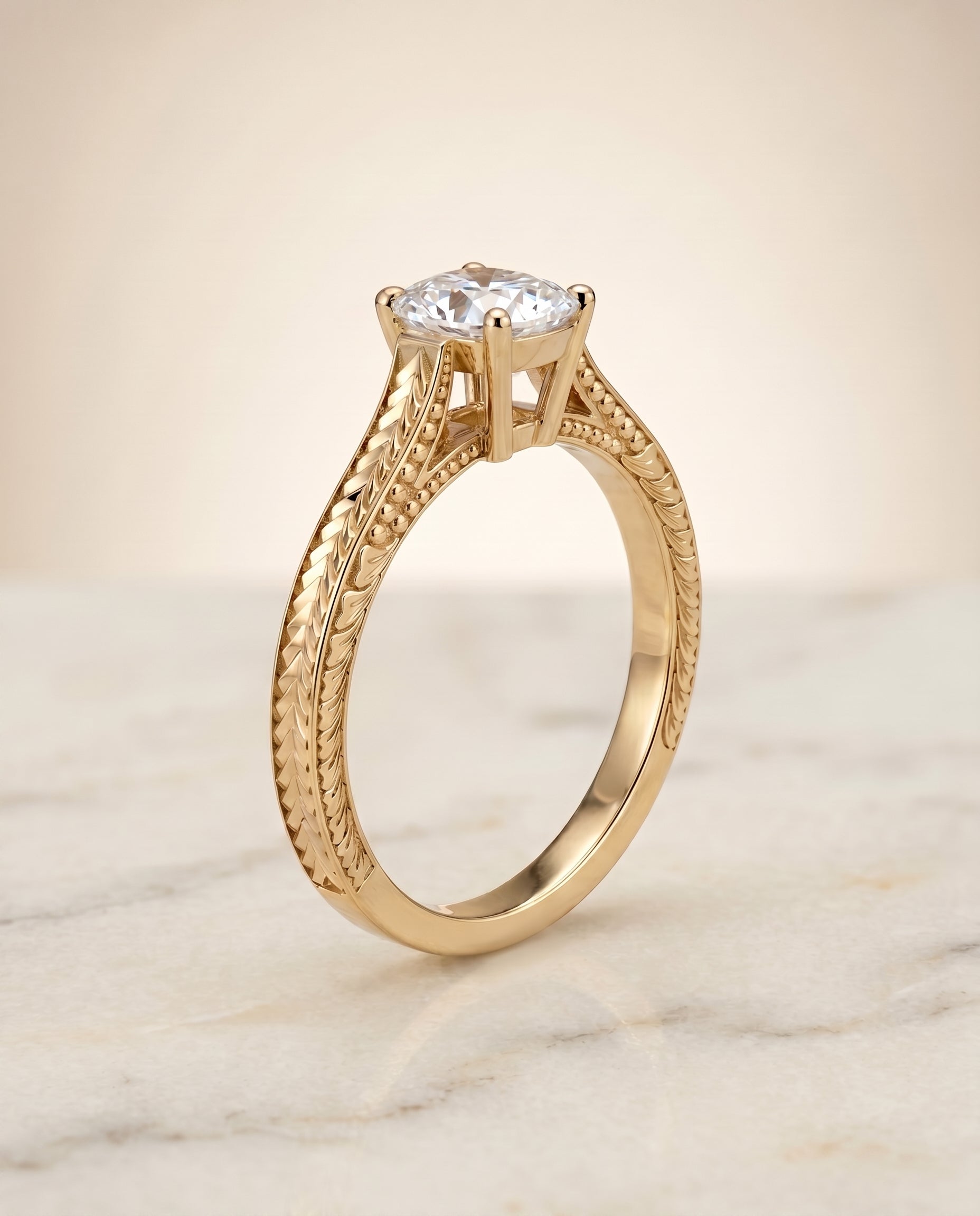 Hand Engraved Vintage Cathedral Solitaire Cut styling on The Aida cushion engagement ring setting | RockHer