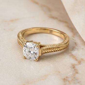 The Aida Hand Engraved Vintage Cathedral Solitaire Cushion Cut Engagement Ring Setting in 18K Yellow Gold