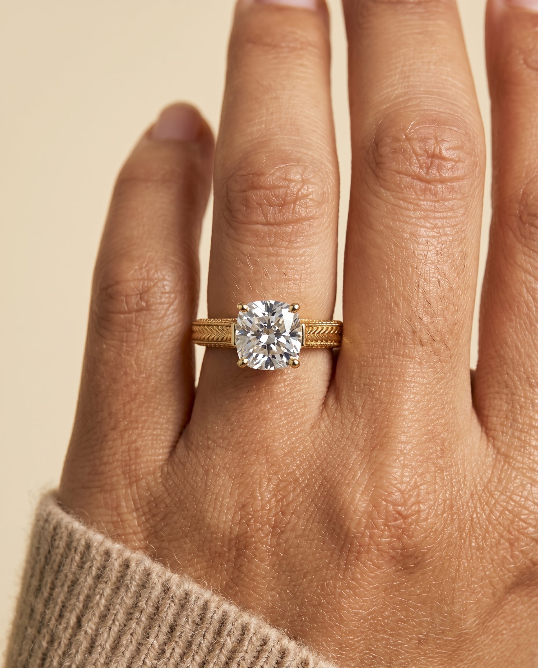 The Aida engagement ring setting in 18K Yellow Gold, hand engraved vintage cathedral solitaire cut design | RockHer