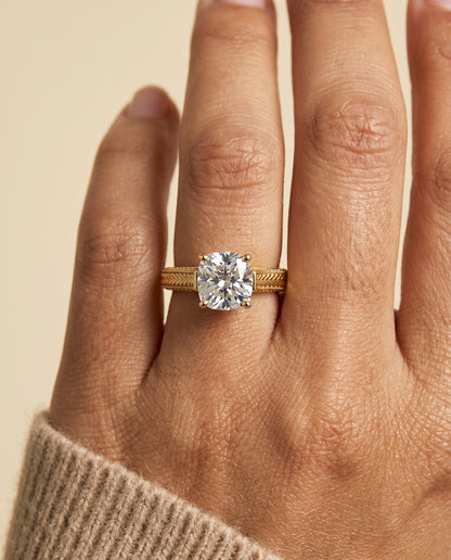 The Aida Hand Engraved Vintage Cathedral Solitaire Cushion Cut Engagement Ring Setting in 18K Yellow Gold