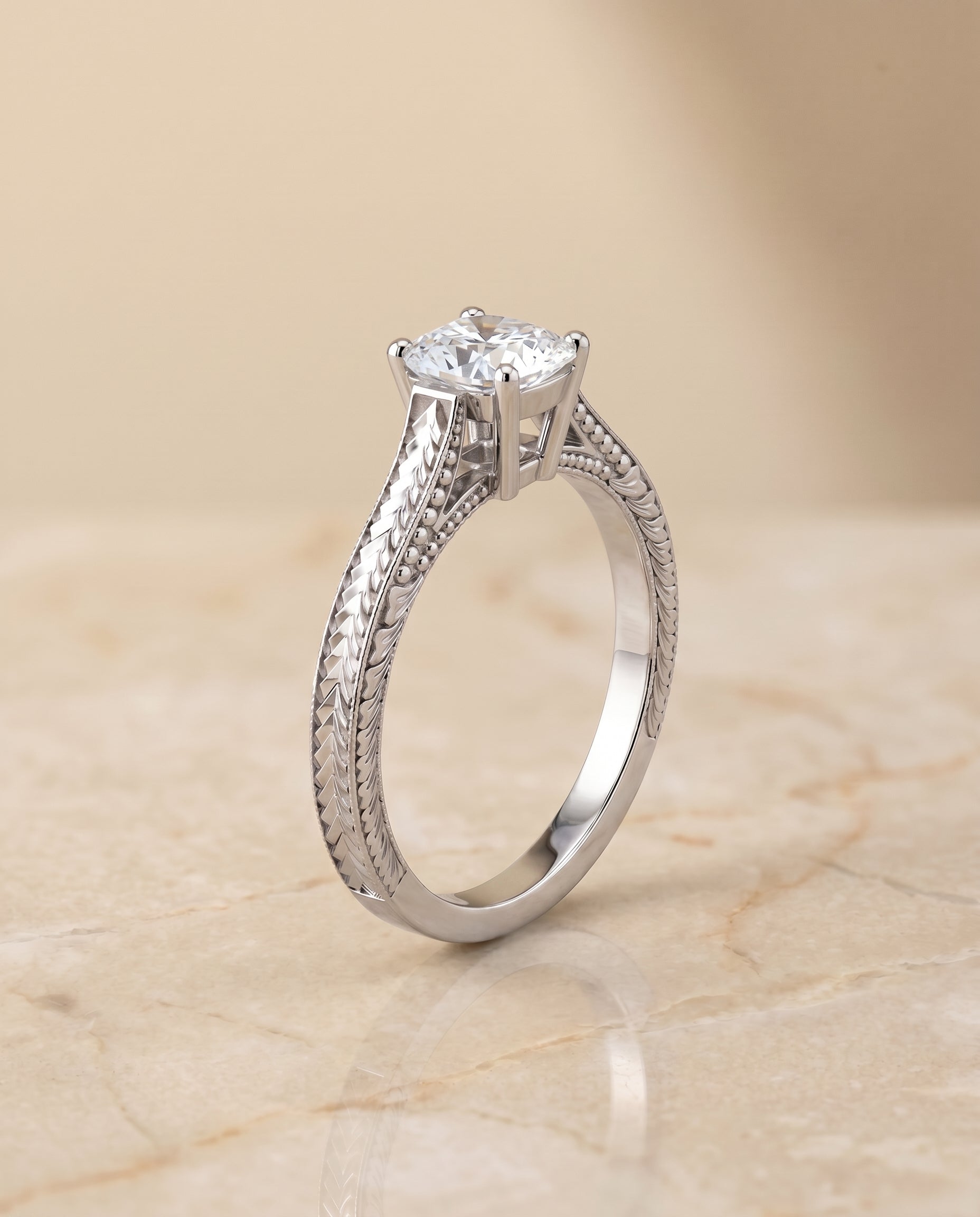 Hand Engraved Vintage Cathedral Solitaire Cut styling on The Aida cushion engagement ring setting | RockHer