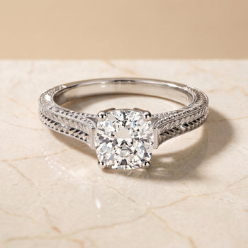 The Aida Hand Engraved Vintage Cathedral Solitaire Cushion Cut Engagement Ring Setting in Platinum