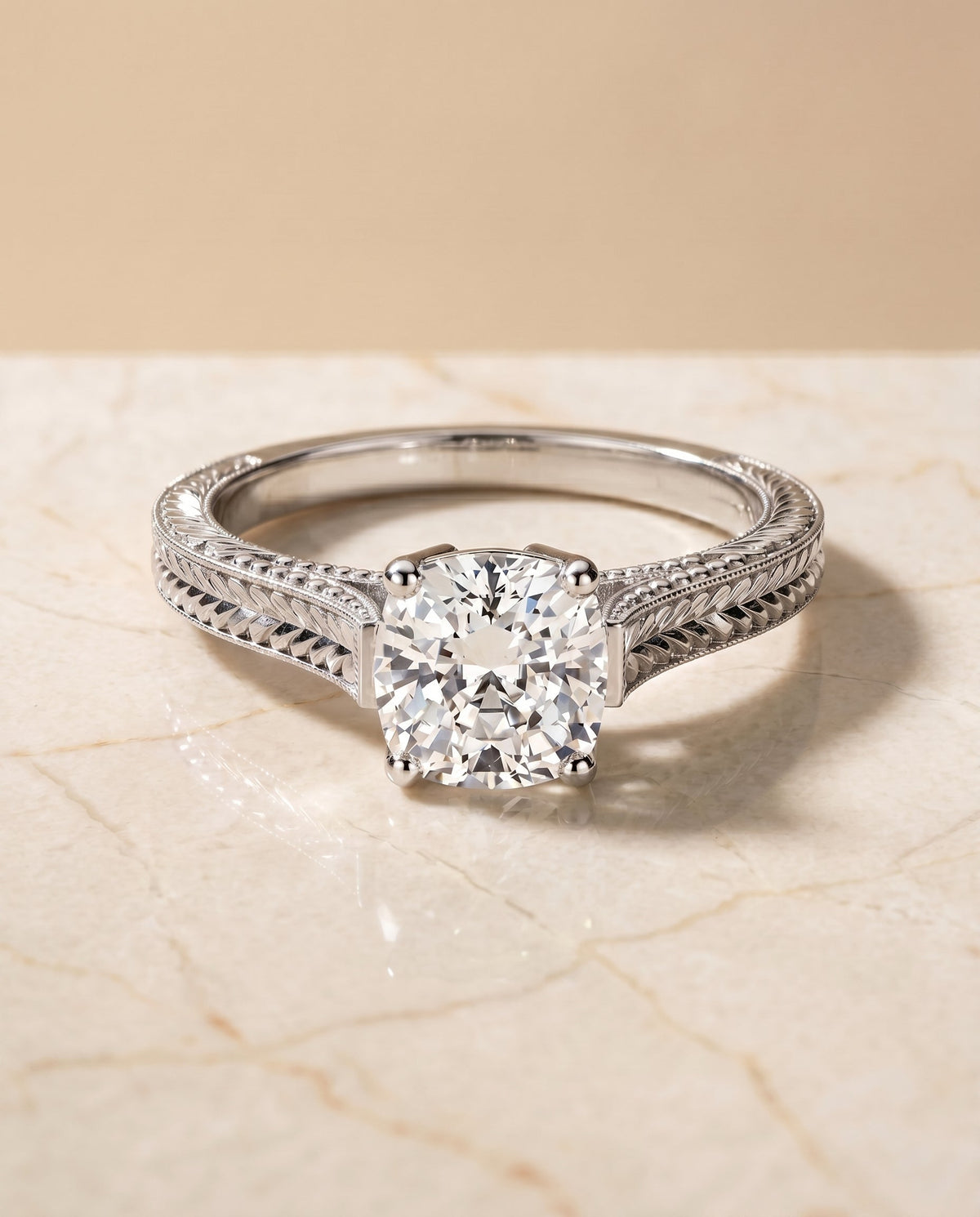 Aida Select Vintage Solitaire Cushion Cut Lab Diamond Engagement Ring in Platinum, shown on hand, angled | RockHer