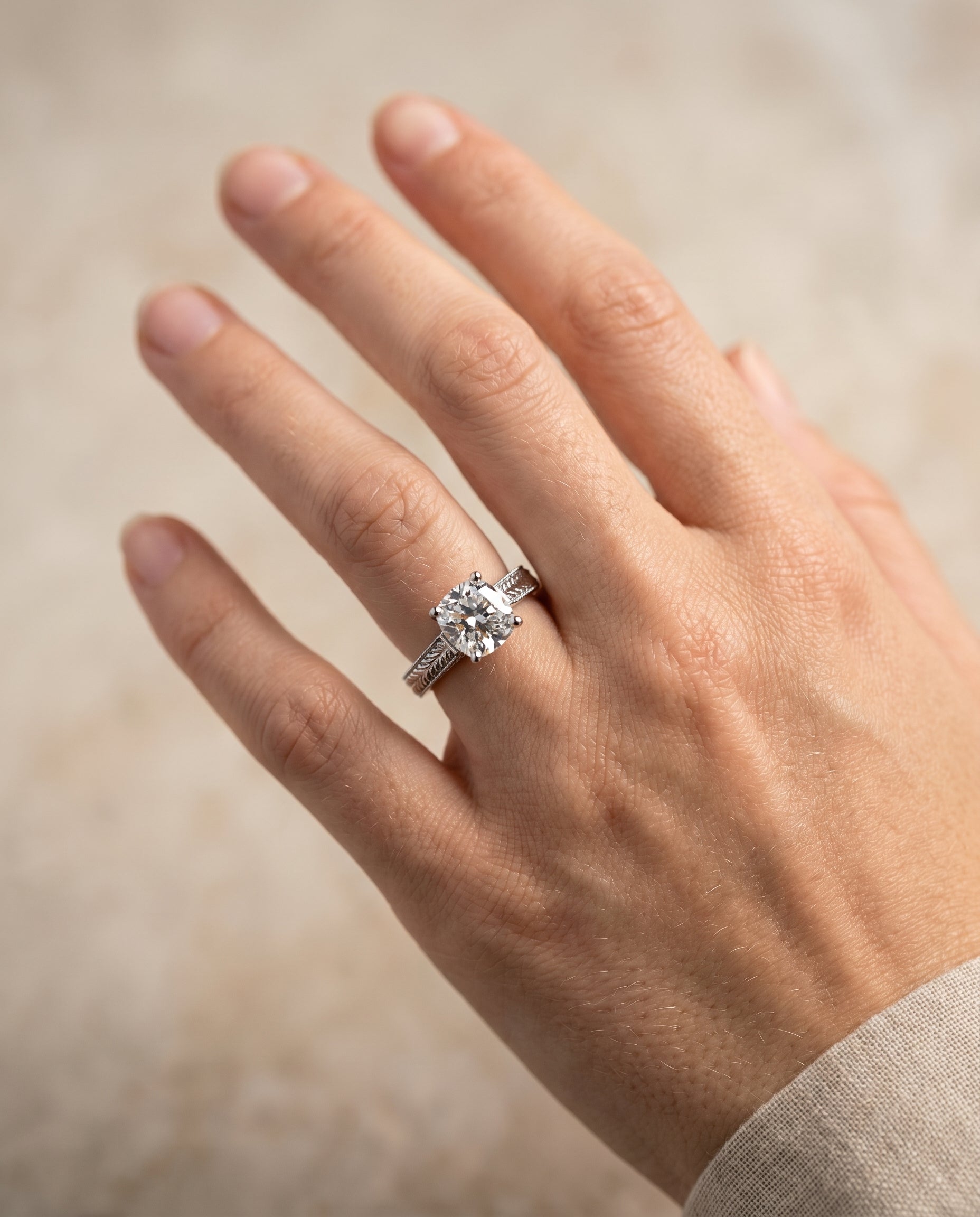 The Aida engagement ring setting in Platinum, hand engraved vintage cathedral solitaire cut design | RockHer