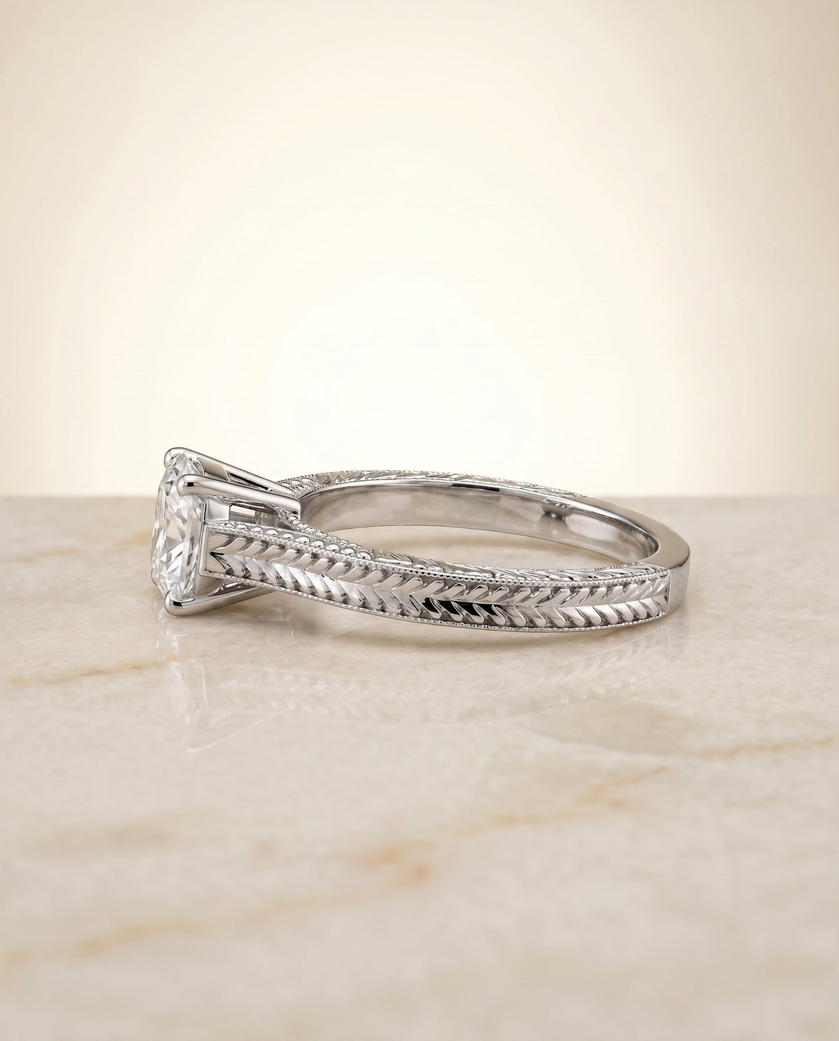 Aida Select Vintage Solitaire Cushion Cut Lab Diamond Engagement Ring in 18K White Gold, side view | RockHer